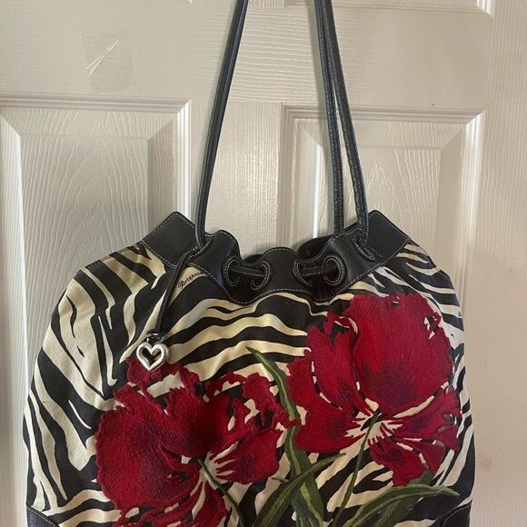 Brighton Zebra Embroidered Floral Canvas Leather trim  Large Shoulder Bag - Picture 8 of 14